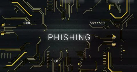 Displaying centered white PHISHING text casting golden traces on dark board, 写真素材