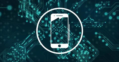 Displaying centered white phone icon inside white circle over teal circuit Stock Photos