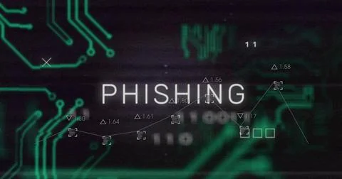 Displaying centered word PHISHING on security UI, showing circuit traces, line 스톡 일러스트