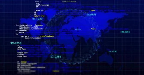 Displaying centered world map and radar rings on computer dashboard, showing Stock Photos