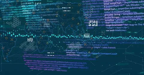 Displaying centered world map overlaying teal grid, showing code, hex patterns, 스톡 일러스트