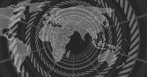 Displaying centered world map projection in control room, showing concentric Stockillustratie