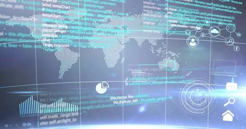 Displaying centered world map streaming code with bar and pie chart icons in Stock-Illustration