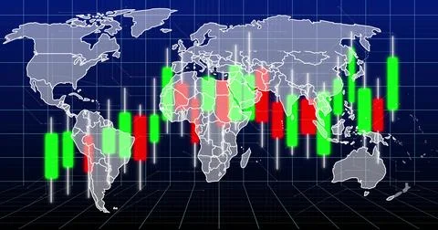 Displaying centered world map on trading dashboard 3D grid, showing green and Stock Illustration
