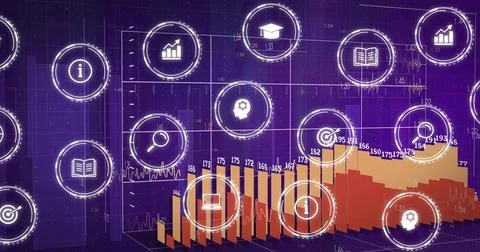 Displaying central 3D bar chart and floating UI icons on virtual analytics 스톡 일러스트