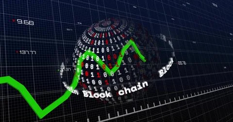 Displaying central 3D binary globe on dark navy grid, showing green line and Stockillustratie