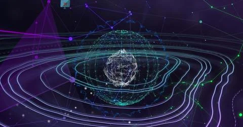 Displaying central 3D data sphere rotating in network map, with glowing rings Stock Photos