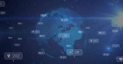 Displaying central 3D dotted globe in virtual network dashboard, showing social Stock Illustration