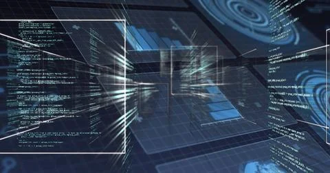 Displaying central 3D grid structure glowing in data hub, with floating code Stock Photos