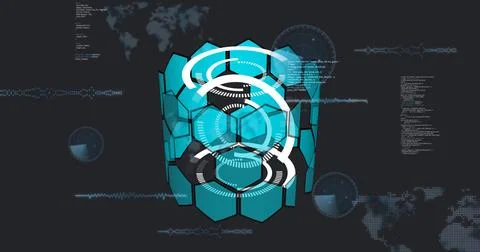 Displaying central 3D hexagonal cylinder scanning in digital UI, with HUD rings, Illustrazione stock