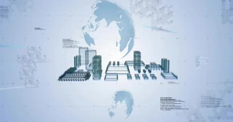 Displaying central 3D industrial complex floating on pale blue grid, with tanks, Illustrazione stock