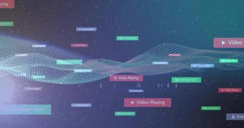 Displaying central 3D mesh wave flowing through virtual data space, showing Illustrazione stock