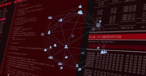 Displaying central 3D network graph glowing on red virtual encryption panel, Stock Photos