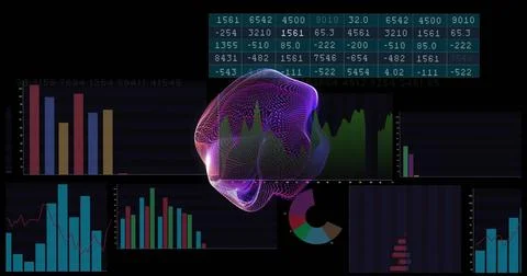 Displaying central 3D wireframe mesh glowing on dark analytics dashboard, with Stock Photos