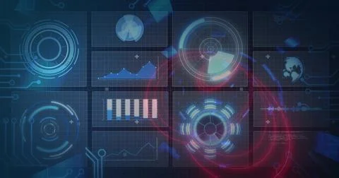 Displaying central 3x3 dashboard grid on dark tech grid, showing radar HUDs, Illustrazione stock