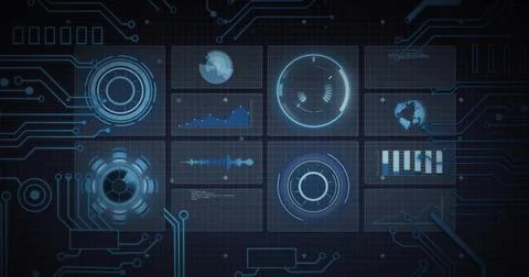 Displaying central 3x3 panels on dark grid dashboard, showing HUDs, globe, Stock Illustration