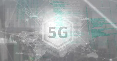 Displaying central 5G emblem streaming green code across world map interface, Stock Photos