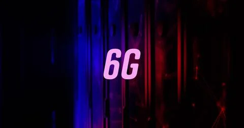 Displaying central 6G label glowing in digital studio, with gradient panels and Stock Illustration