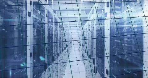 Displaying central aisle running through data center, with server racks and Stock Illustration