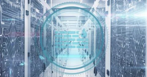 Displaying central aisle of server racks in data center, with firewall HUD and Stock Photos