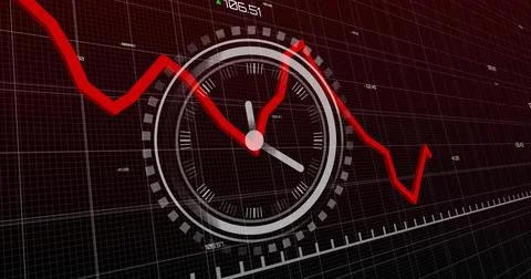 Displaying central analog clock graphic showing three hands on dark 3D grid, Stock Illustration