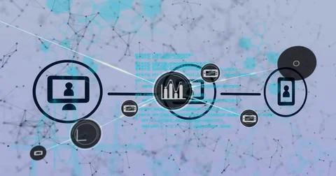 Displaying central analytics badge linking desktop and phone icons with node Stock Illustration