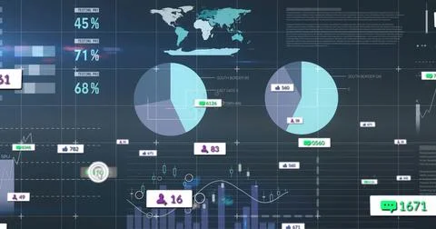 Displaying central analytics on dark grid dashboard, showing world map, two pie Stock Photos