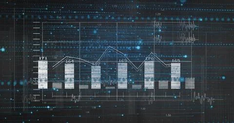 Displaying central analytics dashboard showing bars and line chart on dark 写真素材
