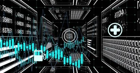Displaying central analytics in server corridor, featuring candlestick line Stock Illustration