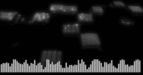 Displaying central audio visualizer pulsing in dark digital space, with glowing Stock Photos