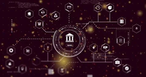 Displaying central bank icon linking finance icons on purple digital canvas, Stock Illustration