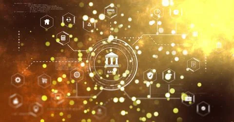 Displaying central BANK interface glowing in fintech HUD, linking hexagon ico Ilustração Stock