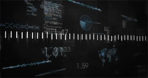 Displaying central bar array scrolling across dashboard, with code panels and Stock-Fotos