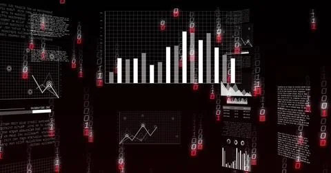 Displaying central bar chart floating over virtual grid dashboard, with line Foto stock