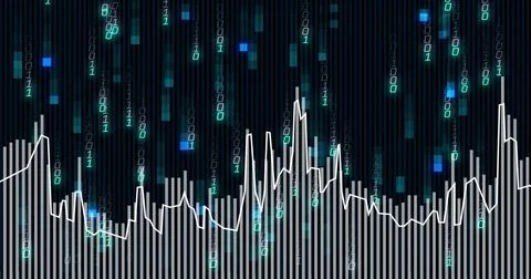 Displaying central bar chart with jagged white line in dark digital, binary 스톡 일러스트
