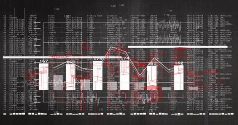 Displaying central bar-line chart on dark grid, showing vertical bars, line Ilustración de archivo