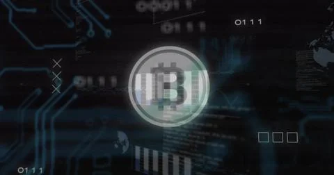 Displaying central Bitcoin symbol on network interface, with glowing circuit Illustrazione stock