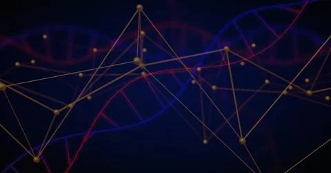 Displaying central blue and red DNA helix weaving in digital space, with golden Stock Illustration