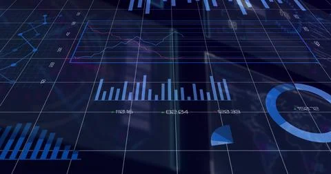 Displaying central blue bar chart with multi-line plot on virtual dashboard with Stock Photos