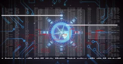 Displaying central blue HUD pulsing on dark dashboard, overlaying red ECG Stock-Illustration
