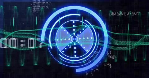 Displaying central blue HUD rotating on dark grid, with neon-green waveform and 库存插图