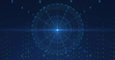 Displaying central blue node and concentric rings on virtual HUD, with binary Stock Illustration