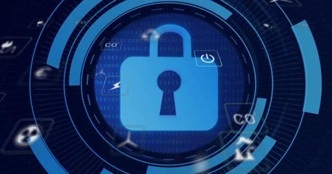 Displaying central blue padlock glowing in navy security dashboard with HUD Stockillustratie
