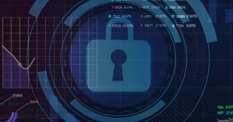 Displaying central blue padlock icon over concentric HUD rings on screen, with Illustrazione stock