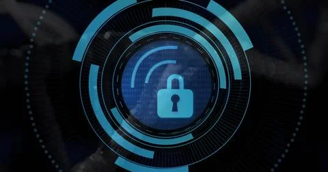Displaying central blue padlock icon glowing inside cyber HUD, with binary code Illustrazione stock