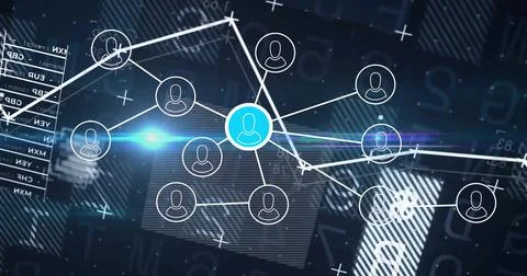 Displaying central blue user icon linking nodes in digital network, with code Illustrazione stock