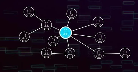 Displaying central blue user node linking peripheral white user nodes in dark Foto stock