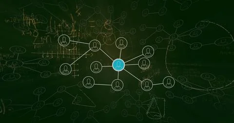 Displaying central blue user node connecting white user nodes on chalkboard b 스톡 사진