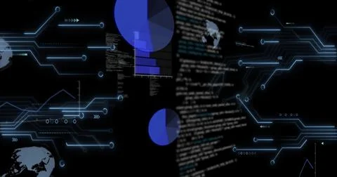 Displaying central blurred code column pulsing on dark interface, with two blue Stock Photos