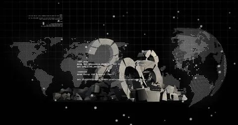 Displaying central broken-ring sculpture, rubble in digital matrix with dotted 스톡 일러스트